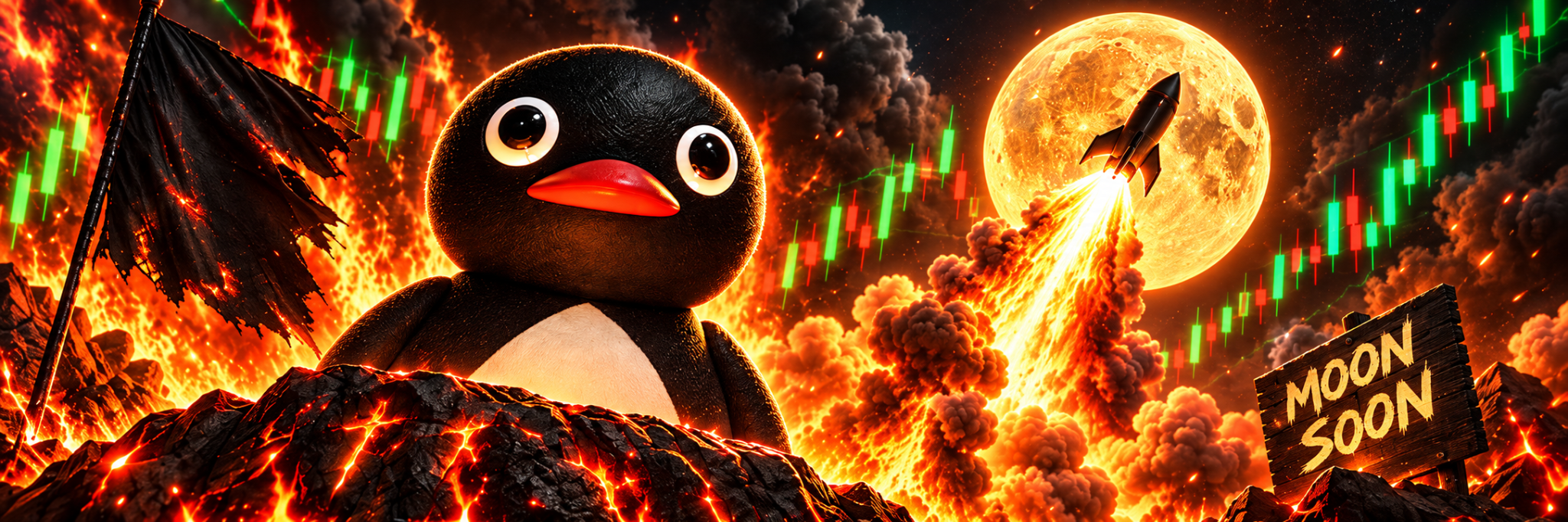 Chart Killer banner with the penguin, flames, a rocket, moon and candlestick chart