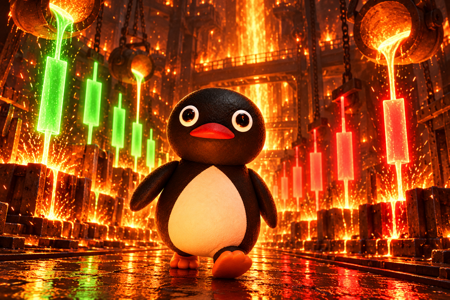 Chart Killer walking through the glowing candlestick forge