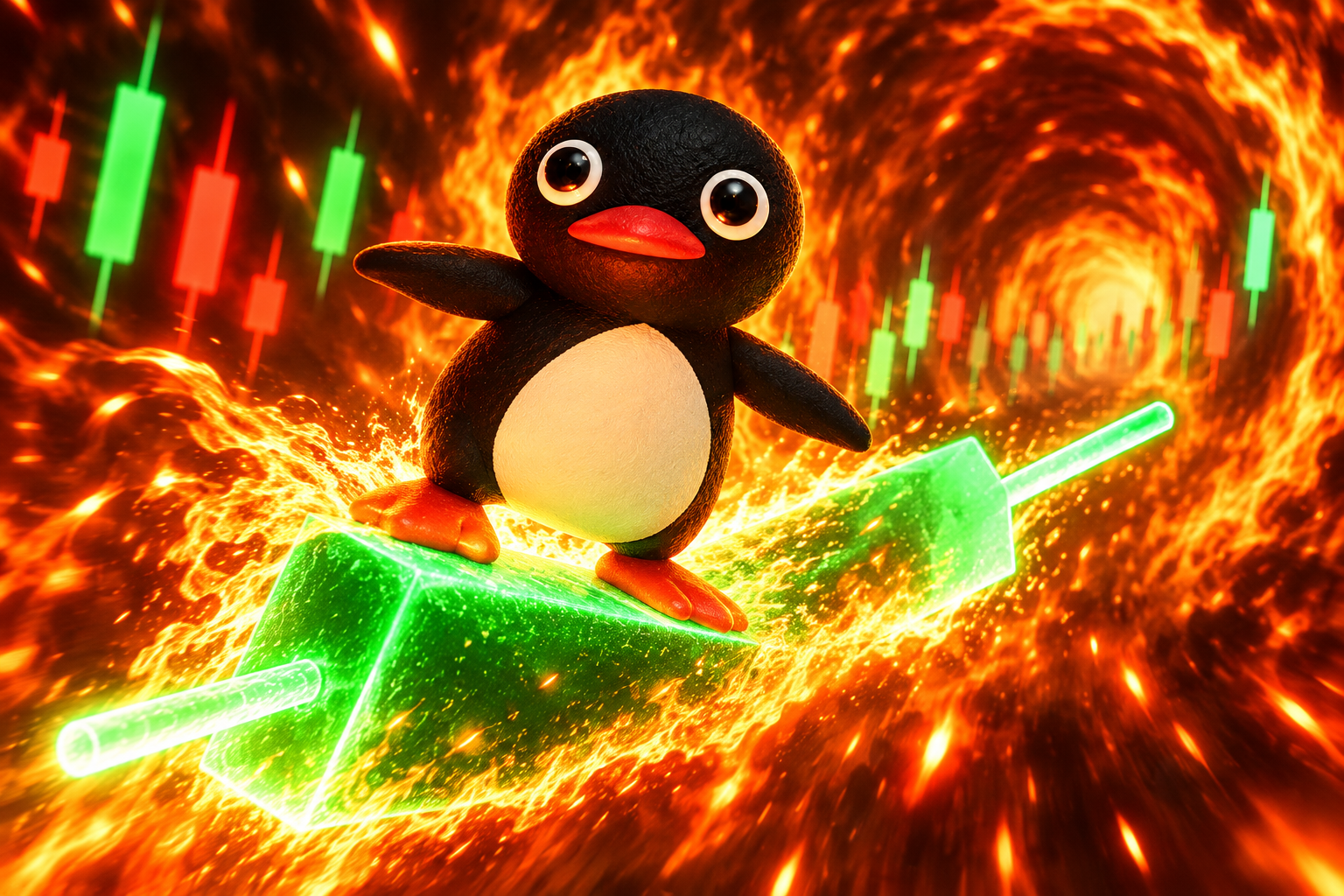 Chart Killer surfing a green candlestick through a tunnel of fire
