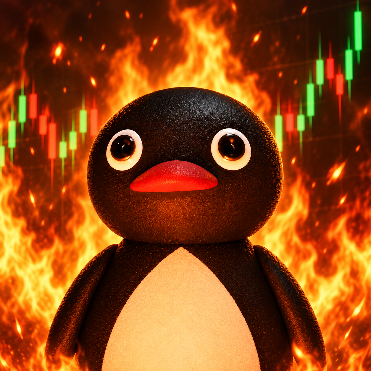 Chart Killer penguin standing before a wall of fire and market candles