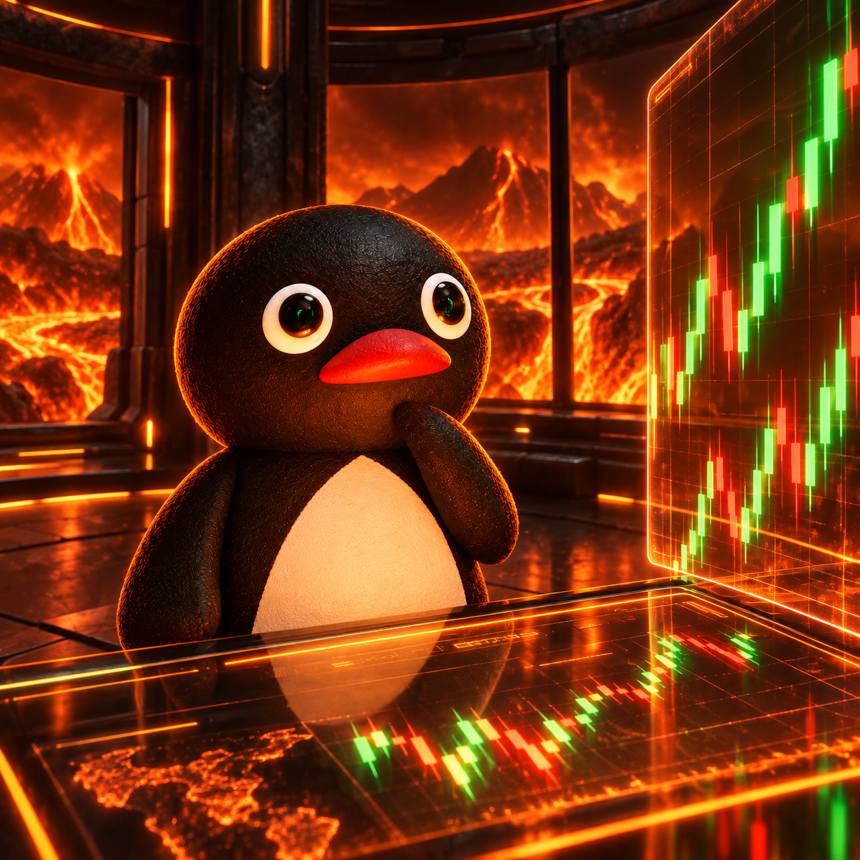 Chart Killer studying a luminous candlestick chart in a volcanic command room