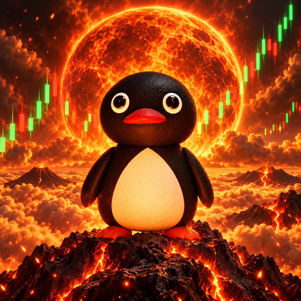 Chart Killer on a volcanic summit before a fiery moon and rising candles