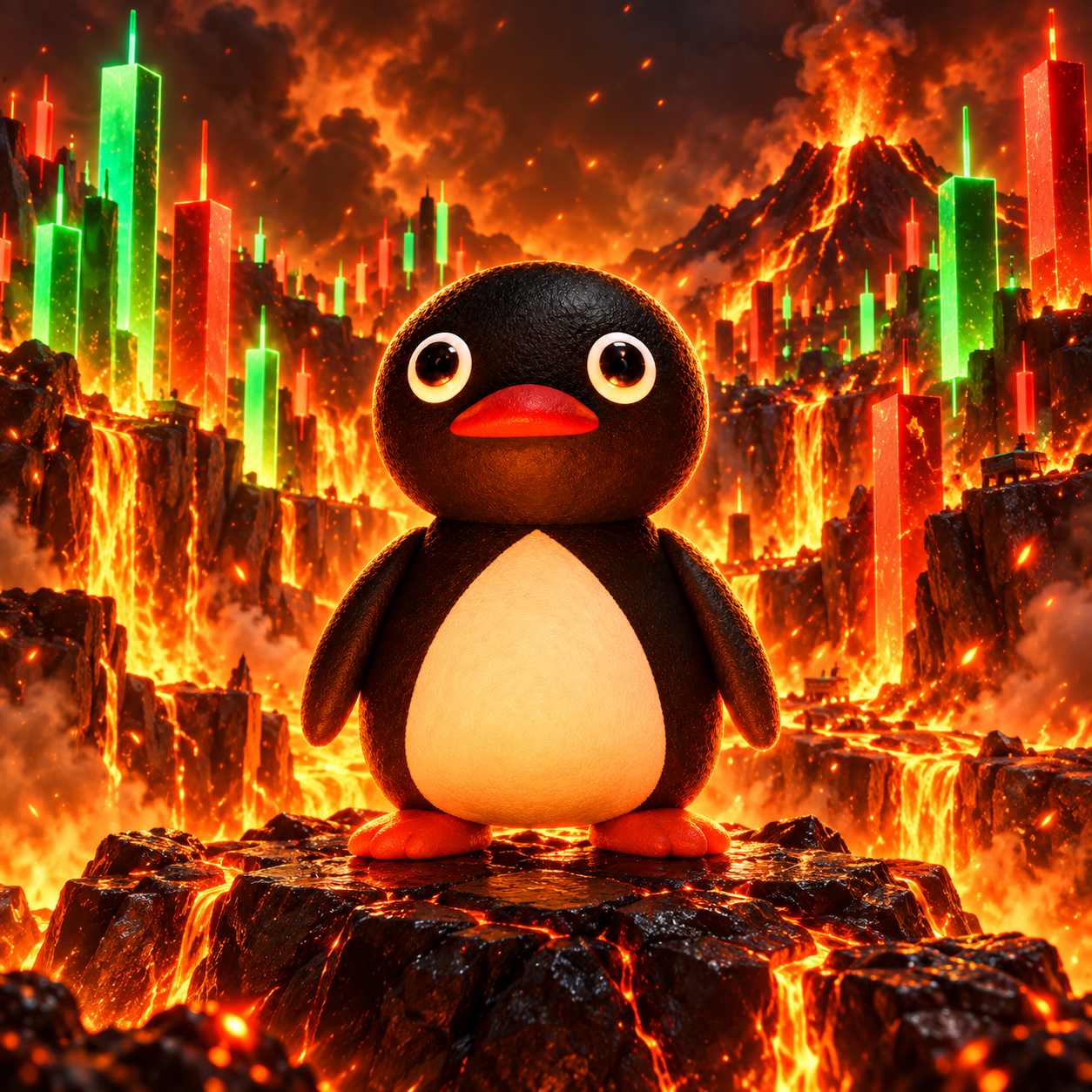 Chart Killer surrounded by towering candlestick columns and lava